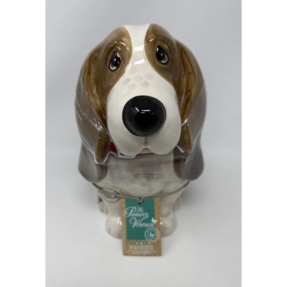 Pioneer Woman Cookie Treat Jar CHARLIE Basset Hound Dog. Red collar # 543